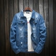 thumbnail image 1 of Qulqfy Lapel Jean Jacket Men Trucker Denim Ripped Long Sleeve Blue Distressed Washed Casual Jackets Coats for Men M, 1 of 9