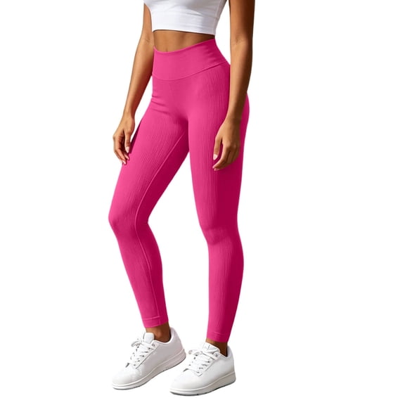 Qulqfy Tummy Control Yoga Leggings for Womens Stretch High Waisted Hot Pink Petite Booty-Lifting Compression Gym Pants M