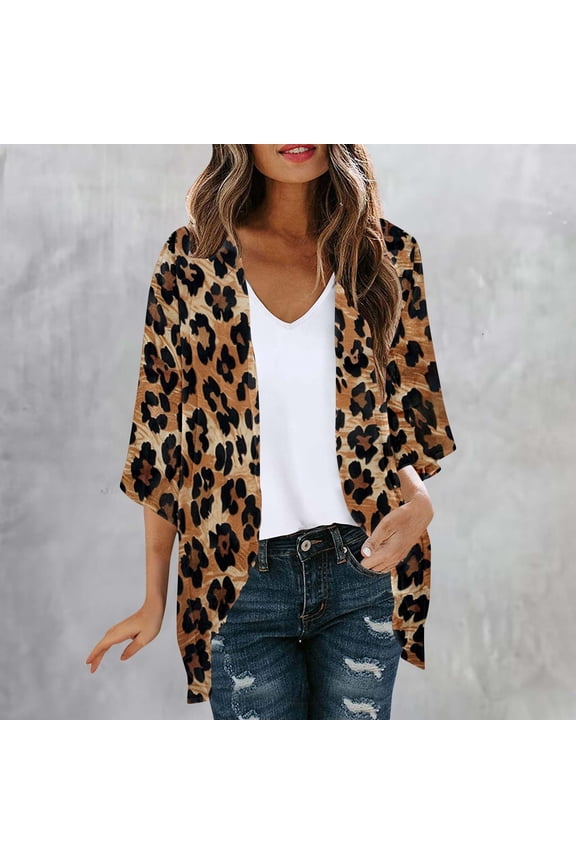 Leopard Print Cardigans for Women Lightweight Cheetah Open Front Tops Chiffon Women's Half Sleeve Shirts 2XL