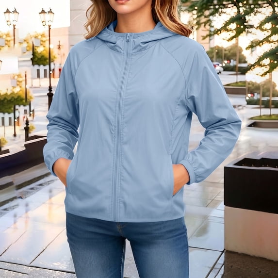 Qulqfy Light Blue Womens Hooded Fall Rain Jackets Windbreaker Waterproof Lightweight Active Outdoor Coats L