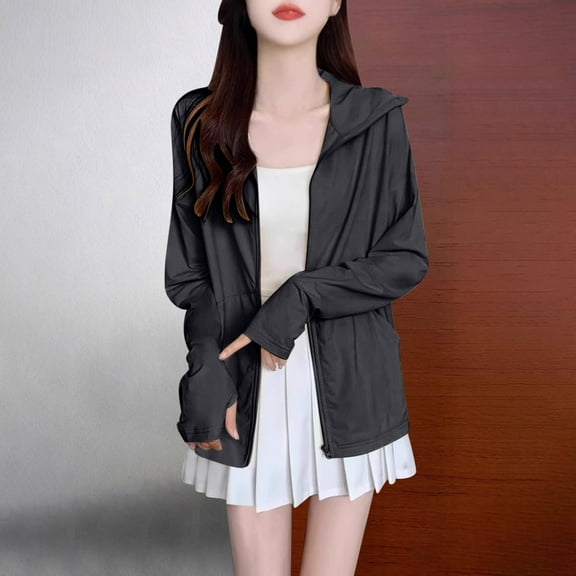 Qulqfy Lightweight Jackets for Women Athletic Hooded Workout Jackets Womens Sun Protection Tops with Thumb Holes L