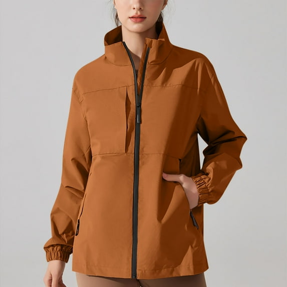 Qulqfy Lightweight Windbreaker Jackets Women Waterproof No Hood Athletic Brown Zip Up Jackets Women Casual Raincoat 4XL