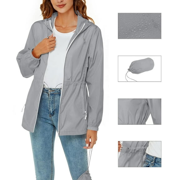 Qulqfy Lightweight Windbreaker Jackets for Women Packable Gray Zip Up Jackets Women Nylon Raincoat with Hood XL