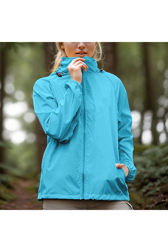 Lightweight Windbreaker Jackets for Women Waterproof Hiking Hooded Blue Zip Up Jackets Women's Nylon Raincoat S