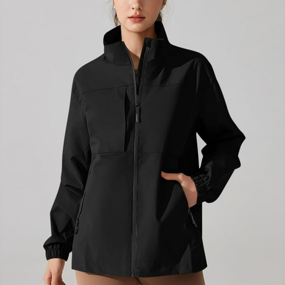 Qulqfy Lightweight Windbreaker Jackets for Women Waterproof No Hood Black Zip Up Jackets Women Casual Raincoat L