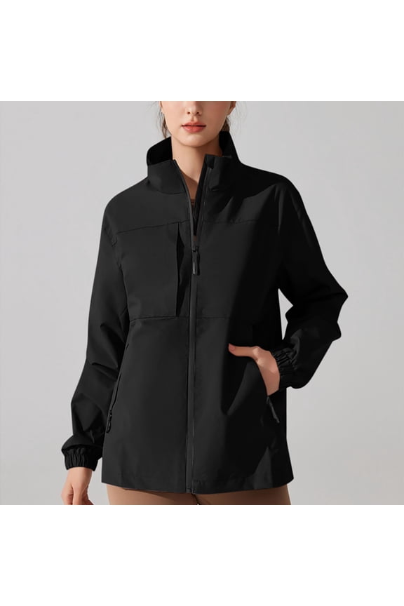 Lightweight Windbreaker Jackets for Women Waterproof No Hood Black Zip Up Jackets Women Casual Raincoat L