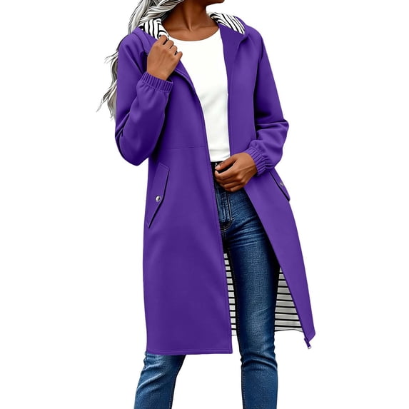 Qulqfy Purple Womens Long Hooded Fall Rain Jackets Nylon Windbreaker Waterproof Outdoor Hiking Coats M