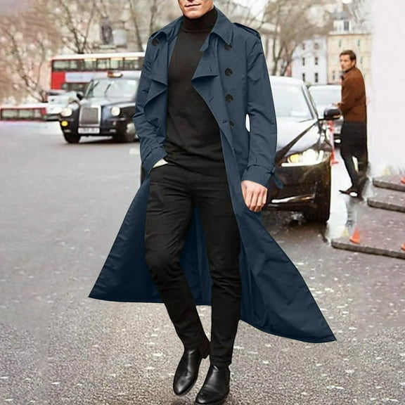 Qulqfy Long Mens Trench Coat Casual Blue Double Breasted Notched Collar Fall Winter Peacoat Mens Coat XXL