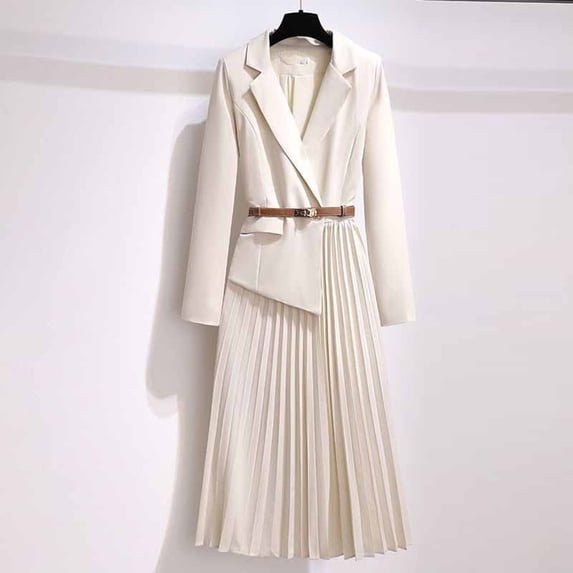 Qulqfy Long Sleeve Dress for Women White Maxi Formal Pleated Lapel Collar Business Casual Dresses with Belts Womens Fall Dress XXL