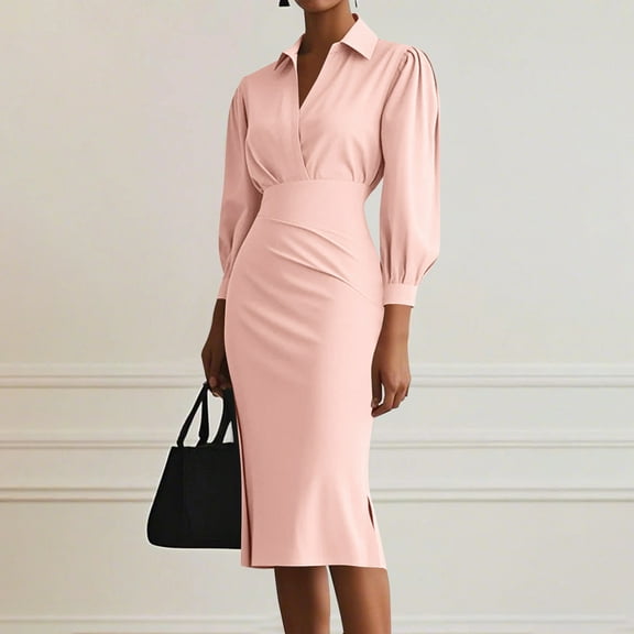Qulqfy Long Sleeve Fall Dresses for Women 2025 Wedding Guest Midi Pink Formal Bodycon V Neck Tunic Dresses Dresses for Women M