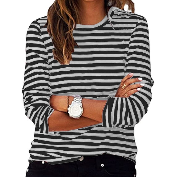 Qulqfy Long Sleeve Girls Tops Gray Crew Neck Striped Printed Pullover Sweathirts Women's Blouses M