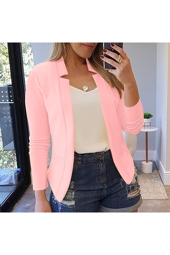 Long Sleeve Jackets Women Office Open Front Lightweight Cardigan Pink Plain Women Fall Blazers M