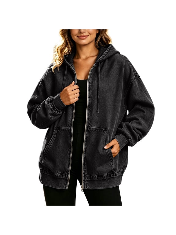Long Sleeve Jean Jacket for Women Hooded Trendy Oversized Basic Black Casual Zip up Denim Jacket Fall Coat L