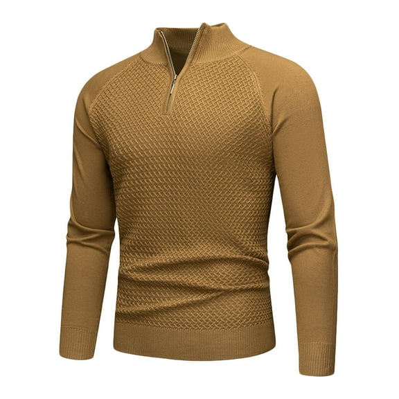 Qulqfy Long Sleeve Men Sweater Textured Quarter Zip Bronze Winter Knit Fashion Fall Pullover Sweaters Mens Shirts L