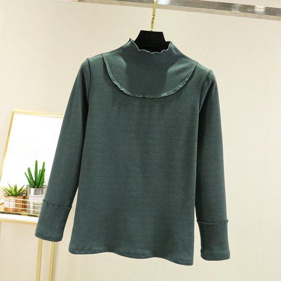 Qulqfy Long Sleeve Mock Turtleneck Tops for Women Fleece Green Shirts Casual Lounge Shirts for Women