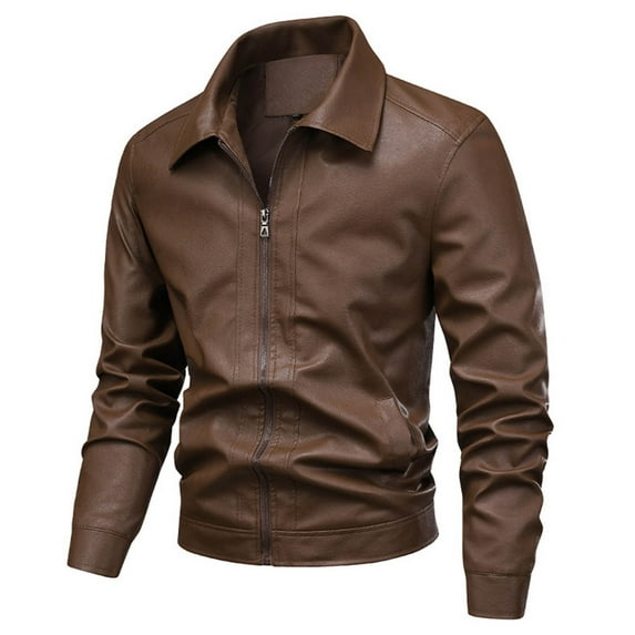 Qulqfy Long Sleeve Motorcycle Jackets for Men Fashion Leather Biker Brown Zip Up Slim Fit Lapel Jackets Coats for Men XL