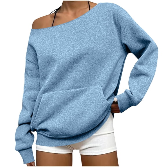 Qulqfy Long Sleeve Shirts for Women Off Shoulder Blue Going Out Blouses Casual Fashion Shirts with Pocket