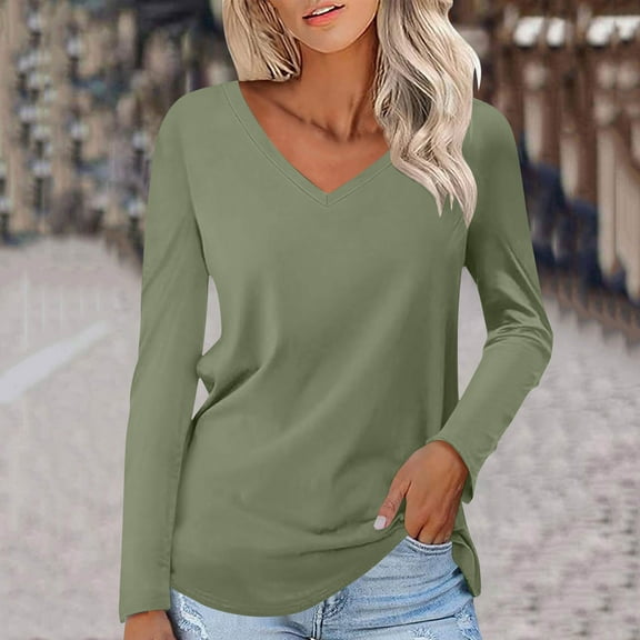 Qulqfy Long Sleeve T-Shirts for Women V Neck Plain Basic Tunic Green Shirts Women Soft Tops S