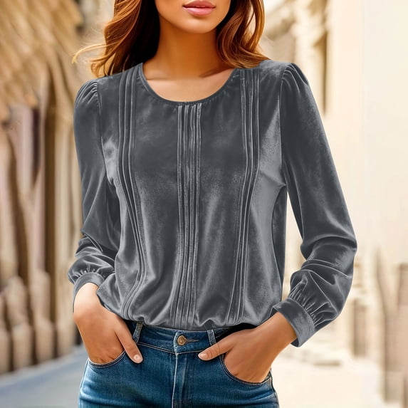 Qulqfy Long Sleeve Tops for Women 2026 Ruched Gray Velvet Tunic Shirts Elegant Crew Neck Blouses Spring Tops for Women M