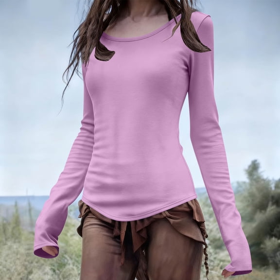 Qulqfy Long Sleeve Tops for Women Going Out Tight Purple Blouses Crew Neck Stretchy Plain Shirts for Women