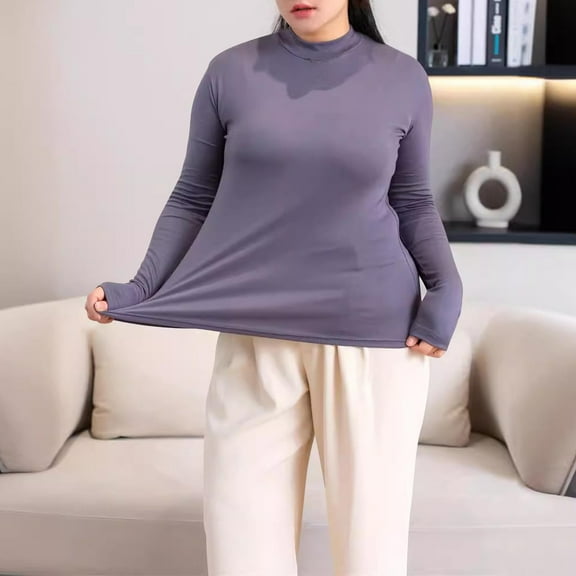 Qulqfy Long Sleeve Tops for Women Modal Gray Turtleneck Plus Size Shirts Casual Stretchy Shirts for Women