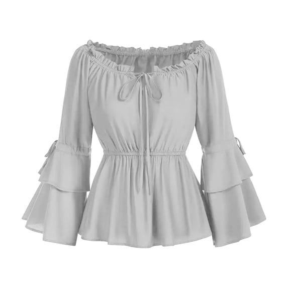 Qulqfy Long Sleeve Tops for Women Renaissance Off the Shoulder Smocked Gray Blouses Dressy Casual Peplum Tunic Shirts for Women