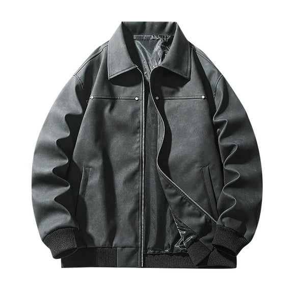 Qulqfy Long Sleeve Trucker Jacket for Men Motorcycle Leather Black Zip Up Streetwear Vintage Jackets Mens Coats L