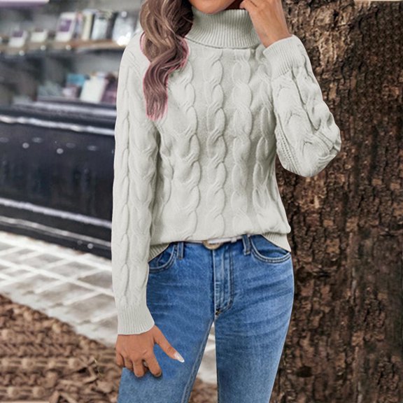 Qulqfy Long Sleeve White Tops for Women Casual Cable Knit Turtleneck Sweater Winter Plain Fall Shirts for Women
