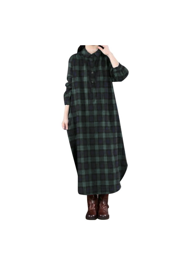 Long Sleeve Womens Dress Maxi Cotton Linen Green Tshirt Checkered Plaid Collared Dresses Winter Dresses for Women 2025 L