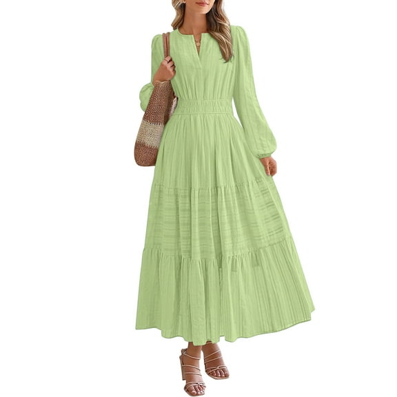 Qulqfy Long Sleeve Womens Fall Dresses for Wedding Guest Green Maxi Elastic Waist Tiered V Neck A Line Dresses Dresses for Women L