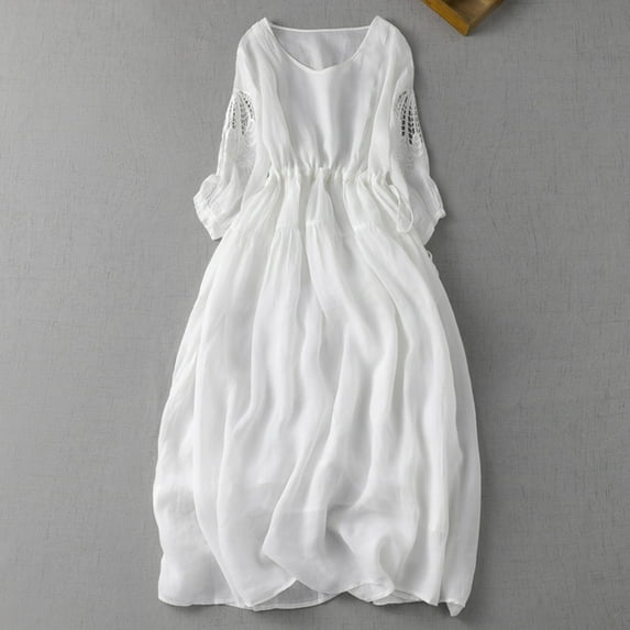 Qulqfy Long Sleeve Womens Summer Dresses Cotton Linen Midi Solid Plus Size V-Neck Beach Vacation Work Casual Cut Out White Sundresses 2XL
