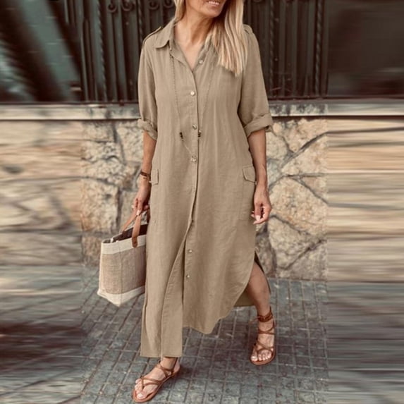 Qulqfy Long Sleeve Womens Summer Dresses Midi Wedding Guest Cotton Linen Solid Collared Button Down Beach Vacation Work Casual Khaki Sundresses M