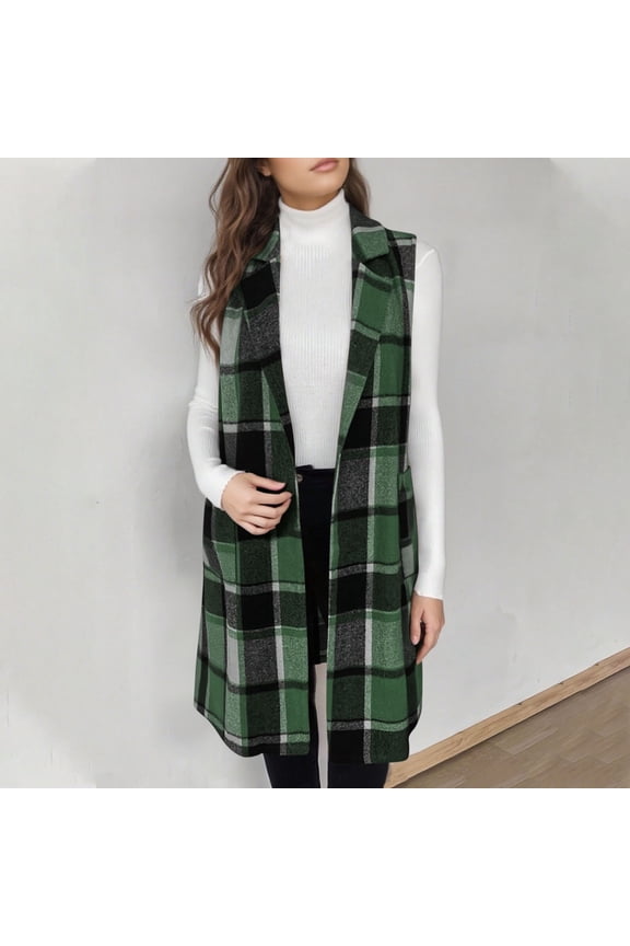 Long Vest for Women Sleeveless Plaid Cardigan Shawl Collar Open Front Fall Winter Coat Women's Cardigan