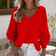 thumbnail image 1 of Qulqfy Loose Fit Ladies Tops and Blouses V-Neck Casual 3/4 Length Sleeve Solid Basic Dressy Flowy Work Fall Tops for Women Trendy Red 3XL, 1 of 3
