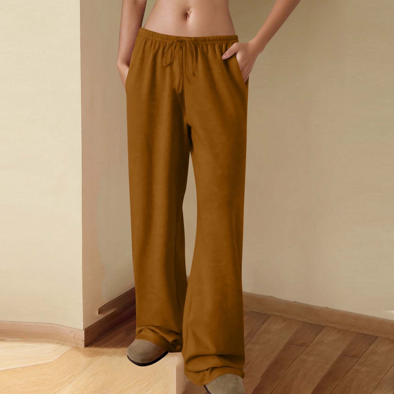 Light Brown Cotton Straight Leg Trousers With Elastic Waist For Fall Unisex Casual Wear main image 0