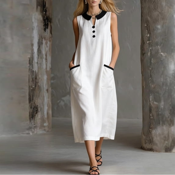 Qulqfy Maxi Dresses for Women Cotton Solid Sleeveless Dressy Square Neck Button Down Flowy Vacation with Pockets Spring Sundress S