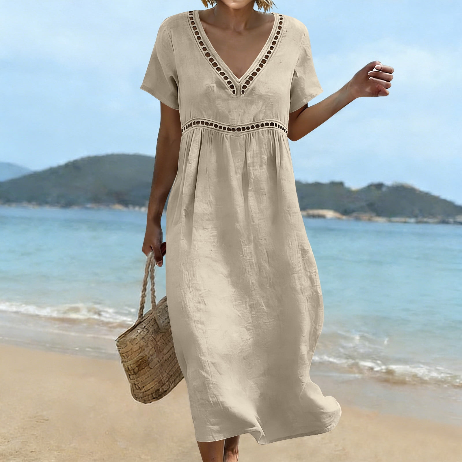 cotton short sleeve summer dresses Qulqfy Maxi for Women Casual Solid V-Neck Wedding Guest Flowy Vacation Lace Spring Sundress 3XL Color::#22-Orange V-Neck Mint Green Mini neoclassical Light blue Details 100% Cotton Knit
