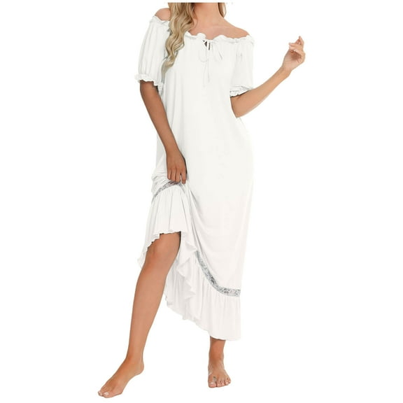 Qulqfy Maxi Womens Dress Short Sleeve White Casual Ruffle Lounge Tie Neck Soft Dresses Womens Dresses Fall XL