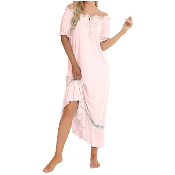 Qulqfy Maxi Womens Dresses Short Sleeve Pink Casual Lounge Ruffle Tie Neck Soft Dresses Winter Dresses for Women 2025 L