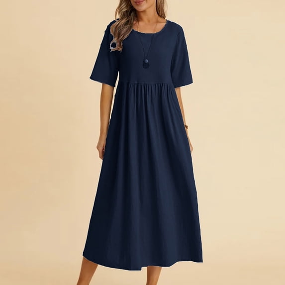 Qulqfy Wedding Guest Womens Summer Dresses Long Sleeve Cotton Linen Maxi Solid Square Neck Beach Vacation Casual Work Dark Blue Sundresses S