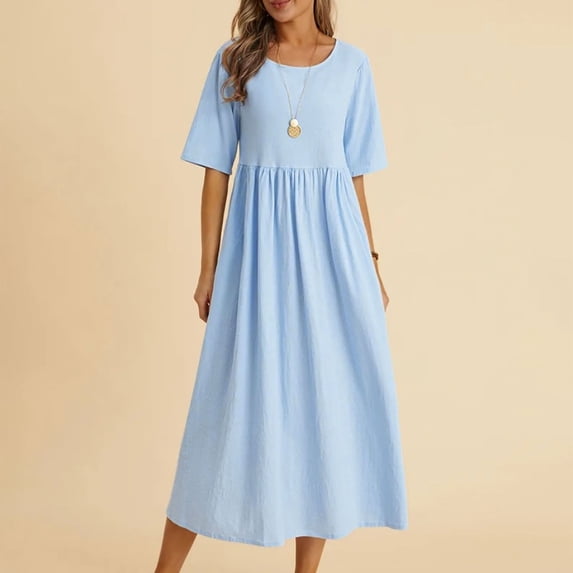 Qulqfy Solid Womens Summer Dresses Wedding Guest Long Sleeve Cotton Linen Maxi Square Neck Work Blue Casual Beach Vacation Sundresses L