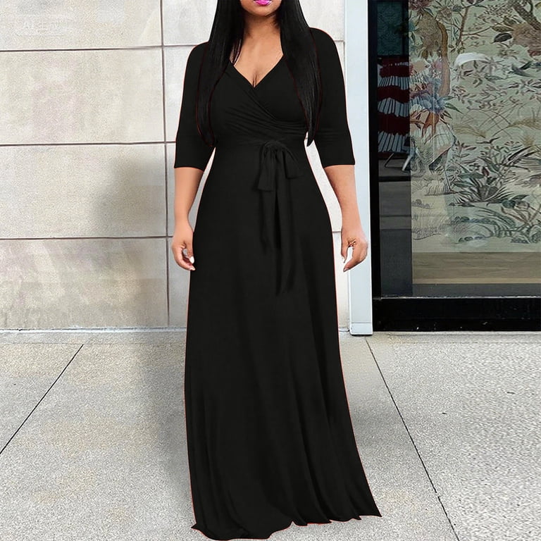 Qulqfy Maxi Womens Wedding Guest Dress 3/4 Sleeve Black Flowy V Neck A Line Empire Waist Plus Size Dresses Dress for Women L, Women's, Size: Large