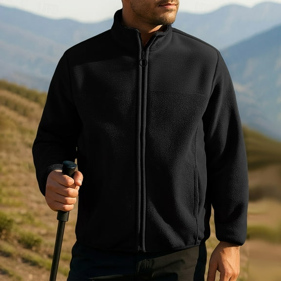 Qulqfy Men Jacket Fleece Hiking Winter Black Outdoor Warm Zip Up Stand Collar Jacket Pea Coat for Men S