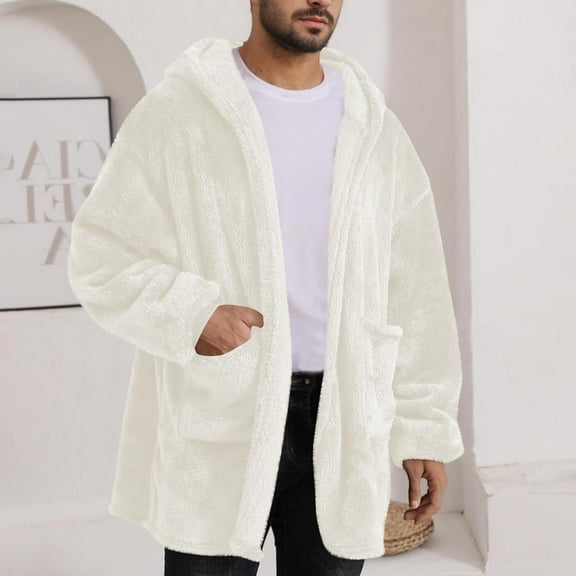 Qulqfy Men Jacket Winter White Fleece Couple Casual Warm Lounge Outerwear Jacket Overcoat for Men M
