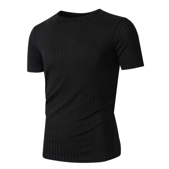 Qulqfy Men Shirts Fitted Plain Workout Black Ribbed Shirts Crew Neck Summer Tees Workout Shirts for Men L