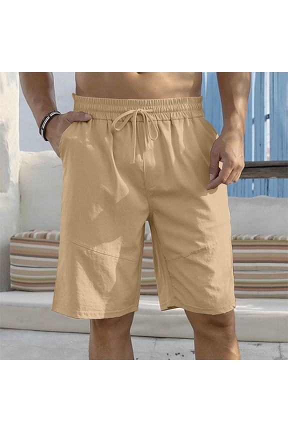 Men Shorts Casual Yellow Summer Beach Shorts Plain Knee Length Elastic Waist Shorts with Pockets for Men S