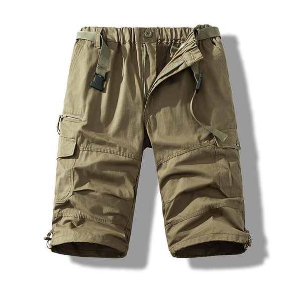 Qulqfy Men's Athletic Shorts Flat Front Yellow Cargo Big & Tall Summer Shorts Elastic Waist Twill Knee Length Shorts with Pockets for Men L