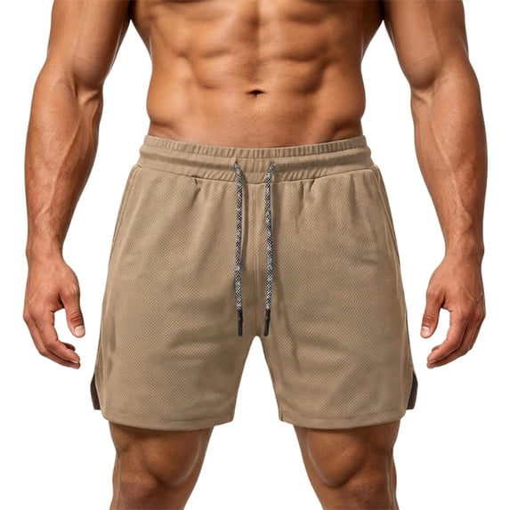 Qulqfy Men's Athletic Shorts Mesh Straight 6" Inseam Running Activewear Basketball Shorts with Pockets Khaki L