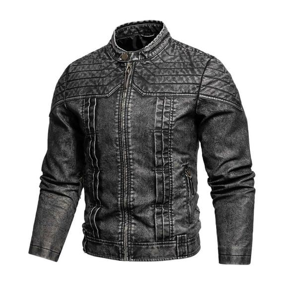 Qulqfy Men's Leather Jackets Regular Fit Zip Up Black Motorcycle Long Sleeve Stand Collar Washed Vintage Jackets Coats for Men L