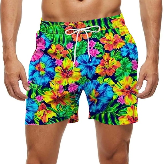 Qulqfy Men's Swim Trunks 7 Inch Inseam Big & Tall Hawaiian Print Quick Dry Board Shorts Stretch with Pockets Drawstring Pool Beach Shorts Mens Bathing Suit L